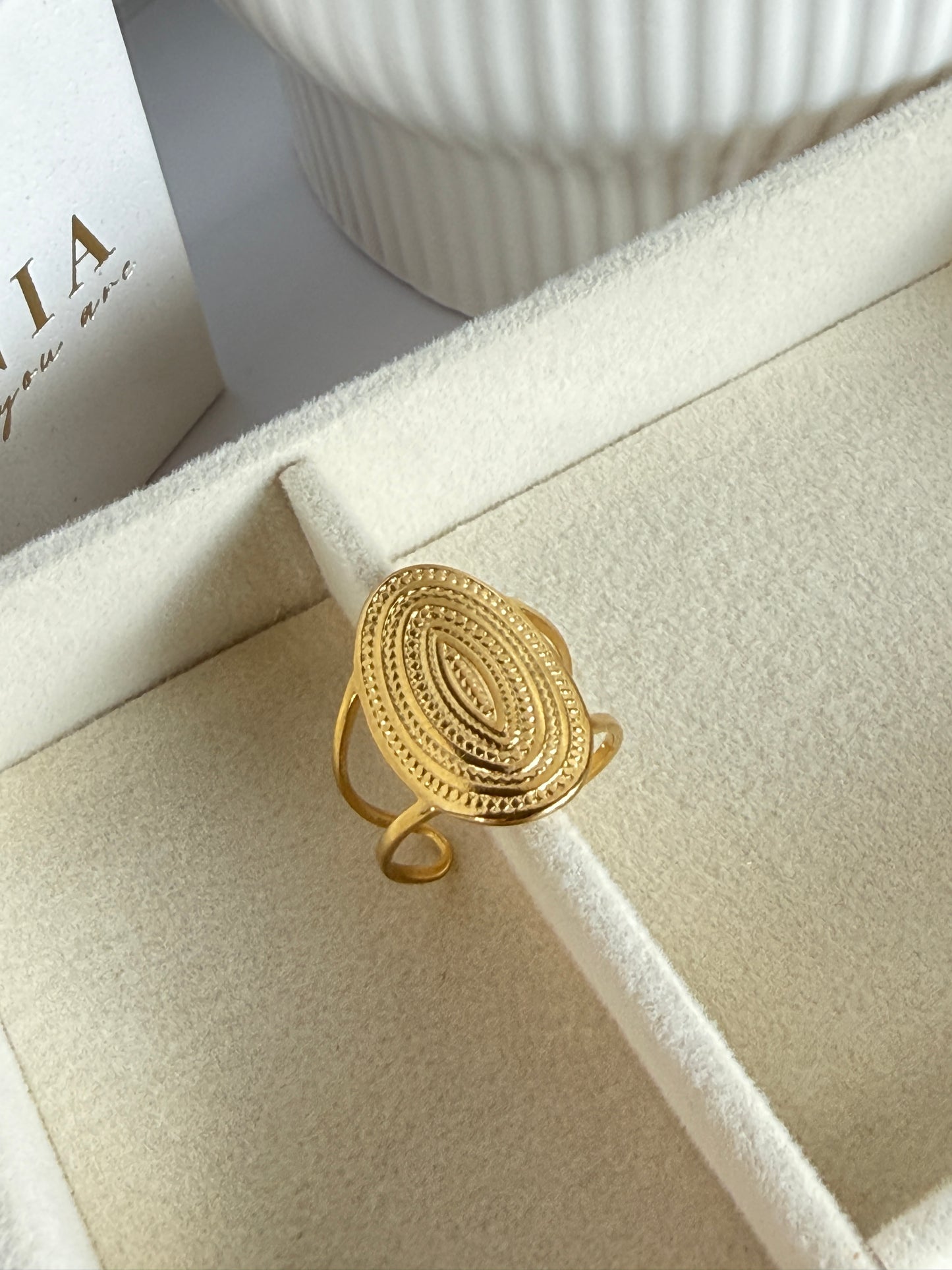 Adjustable Textured Statement Ring, 18K Gold-Plated Stainless Steel