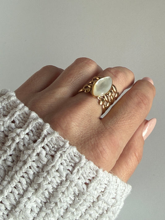 Adjustable White Shell Ring , 18K Gold Plated Stainless Steel