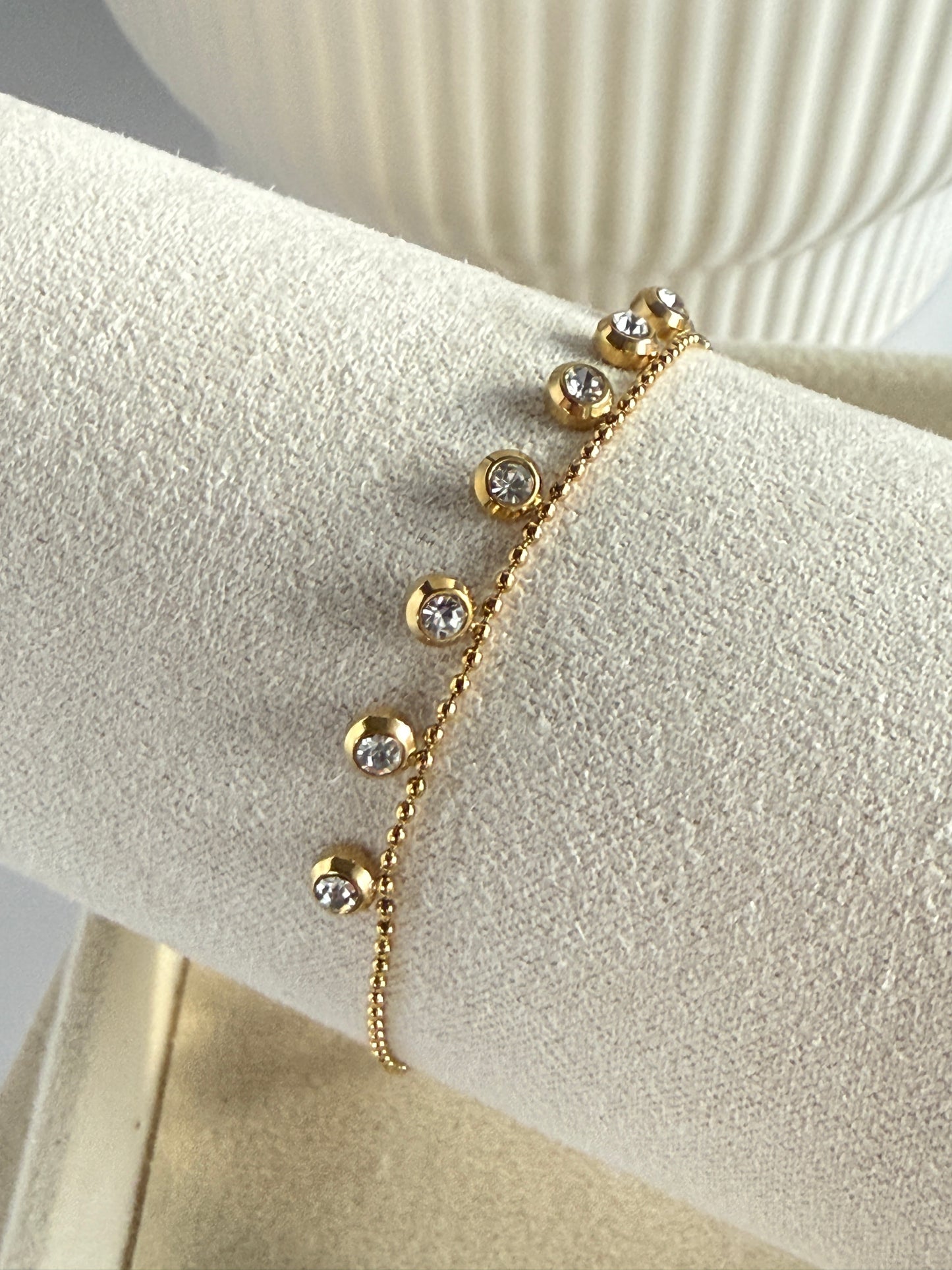 Zircon Charm Necklace & Bracelet Set, 18K Gold-Plated Stainless Steel