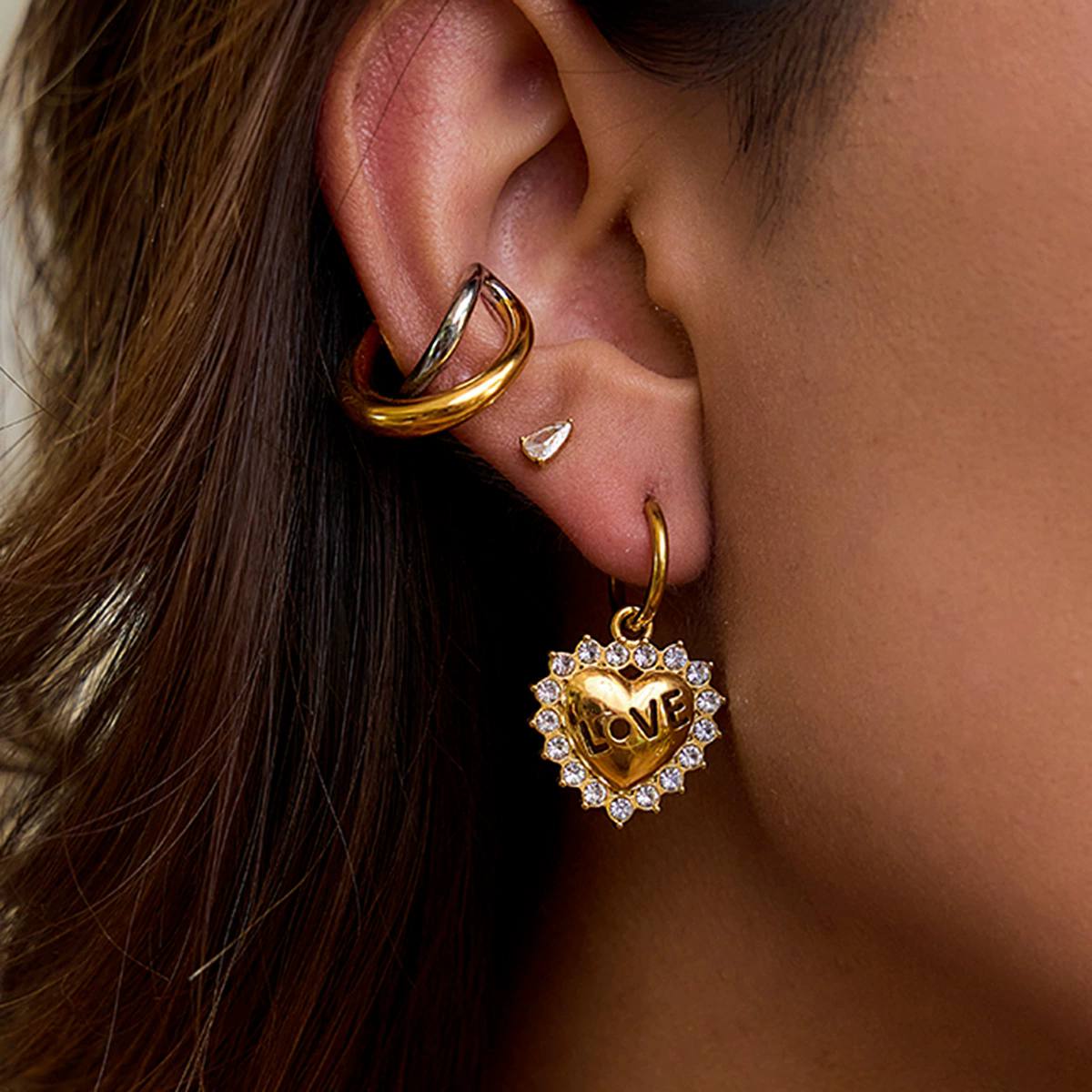 LOLA – Zirkonia Heart Drop Earrings, Gold Plated