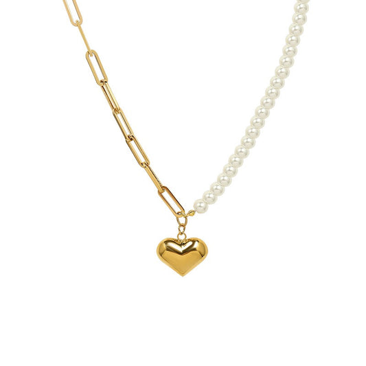 MARI – Pearl Chain Heart Necklace, Gold Plated