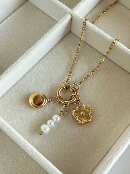 Golden Charm Necklace - Clover, Tiger Eye & Pearl