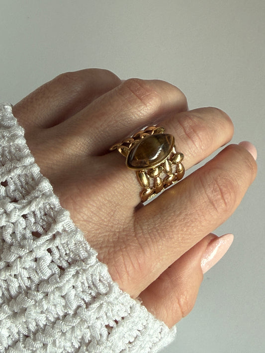 Adjustable Brown Tiger Eye Ring, 18K Gold Plated Stainless Steel