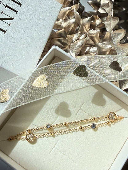 Double Chain Zircon Bracelet, 18K Gold Plated Stainless Steel