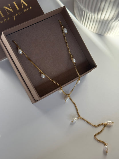 Pearl Drop Y Necklace, 18K Gold-Plated Stainless Steel
