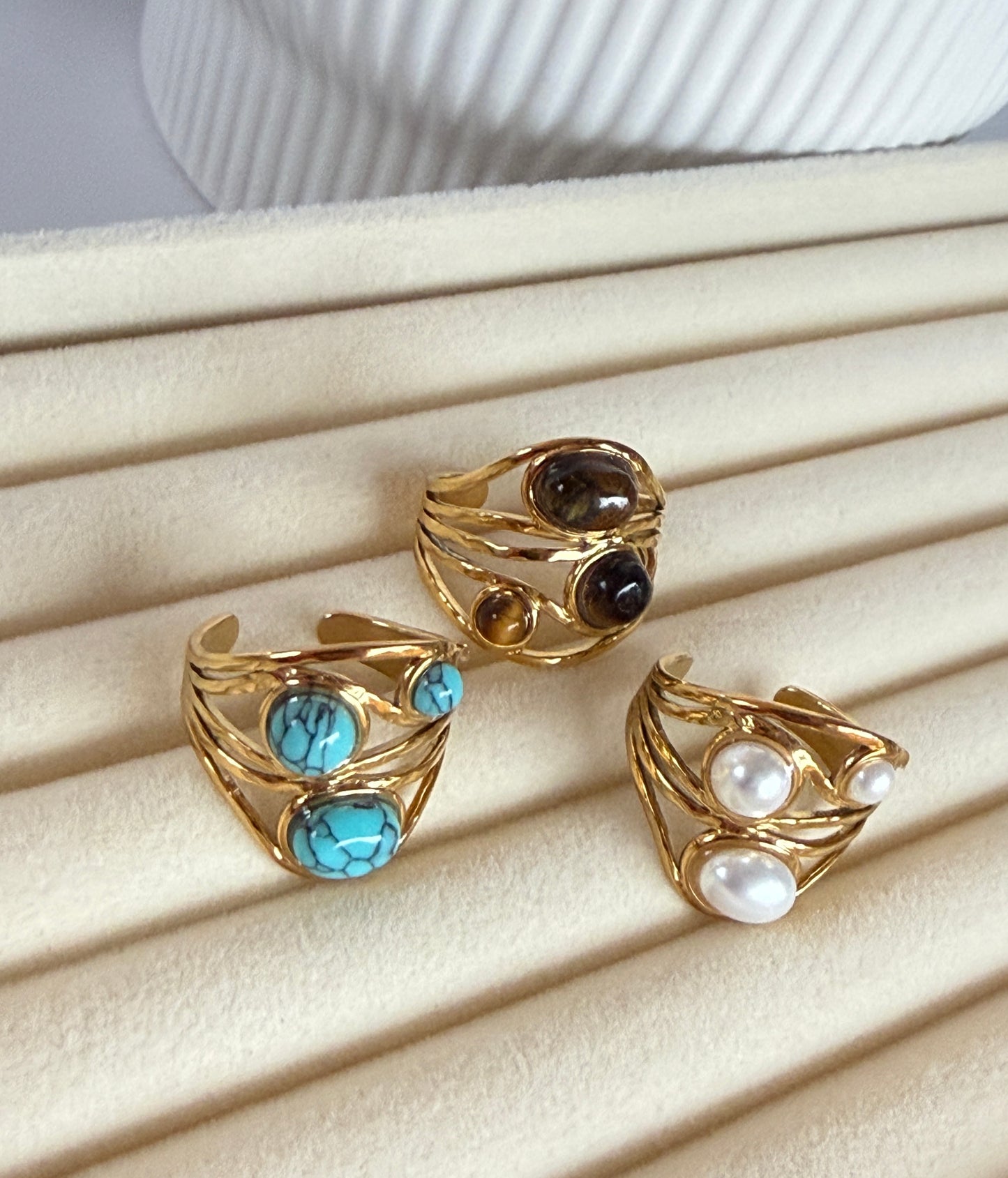 Adjustable Natural Stone Ring · 18K Gold-Plated Stainless Steel