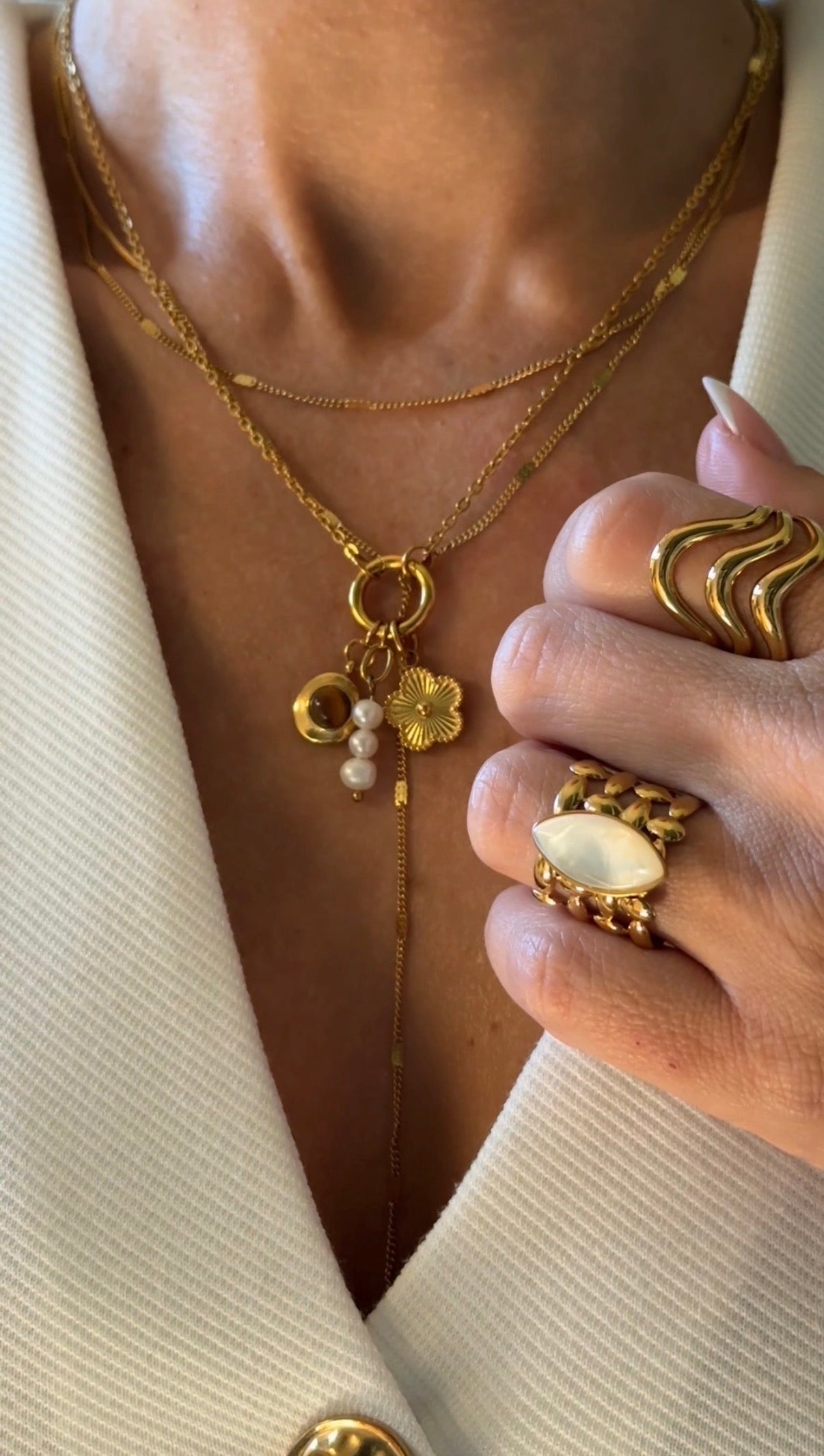 Golden Charm Necklace - Clover, Tiger Eye & Pearl