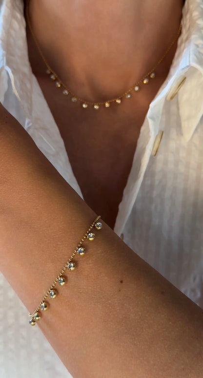 Zircon Charm Necklace & Bracelet Set, 18K Gold-Plated Stainless Steel