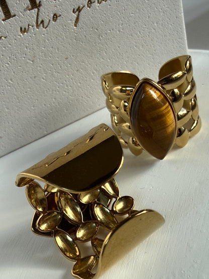 Adjustable Brown Tiger Eye Ring, 18K Gold Plated Stainless Steel