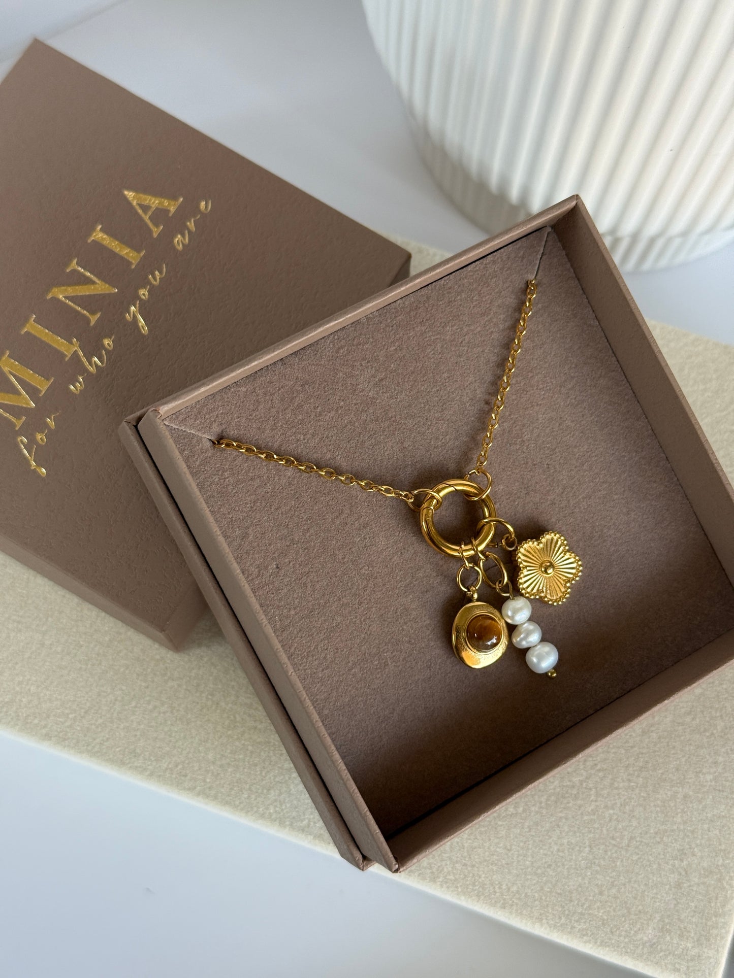 Golden Charm Necklace - Clover, Tiger Eye & Pearl