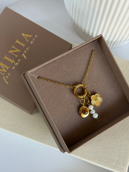 Golden Charm Necklace - Clover, Tiger Eye & Pearl