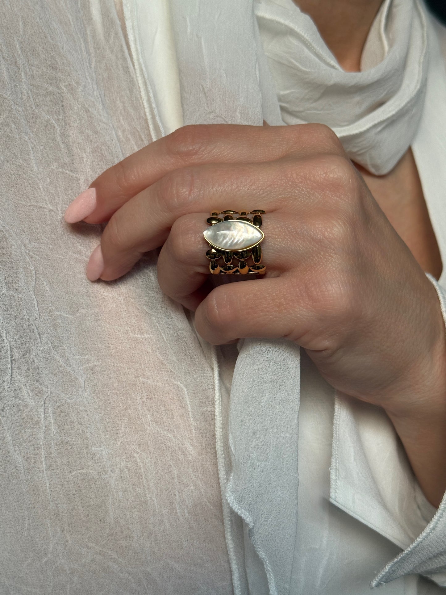 Adjustable White Shell Ring , 18K Gold Plated Stainless Steel