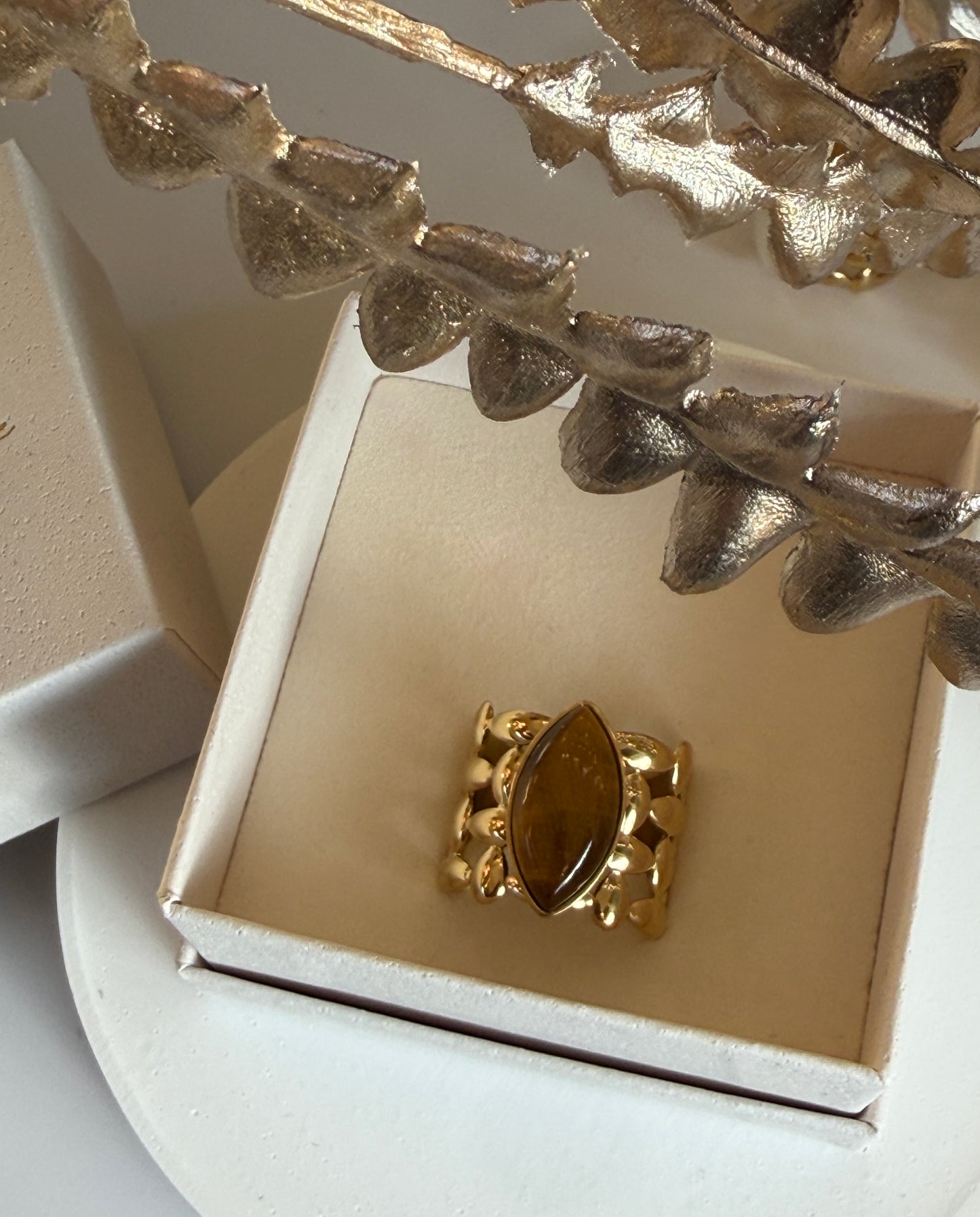 Adjustable Brown Tiger Eye Ring, 18K Gold Plated Stainless Steel