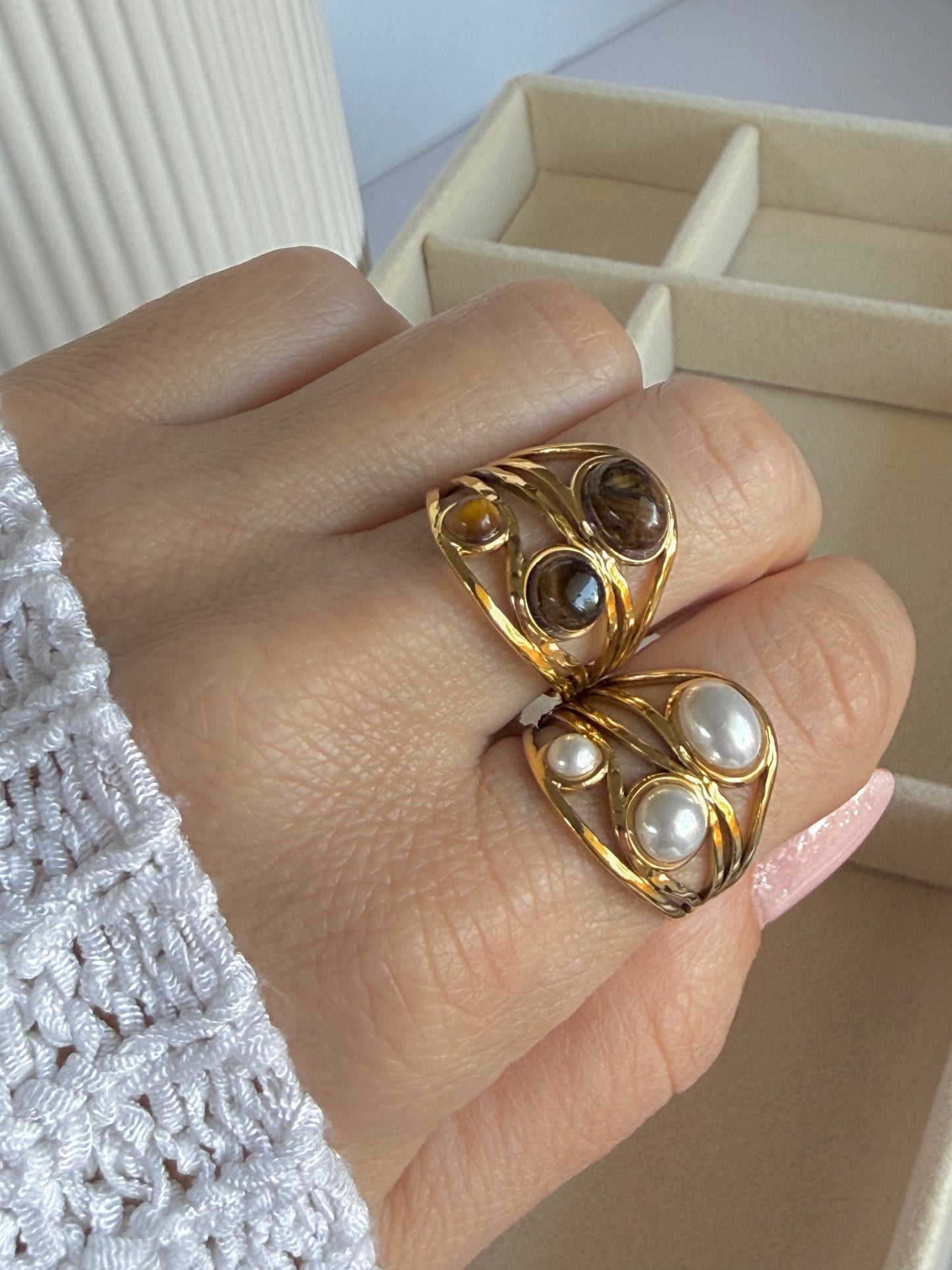 Adjustable Natural Stone Ring · 18K Gold-Plated Stainless Steel