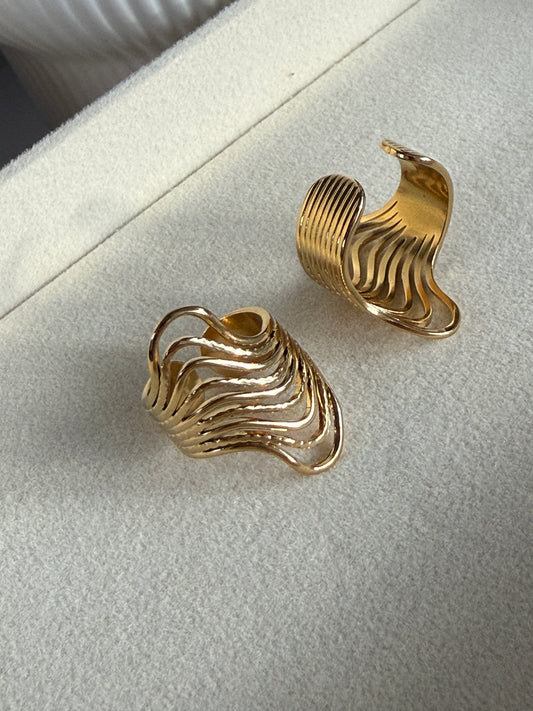 Adjustable Wave Ring , 18K Gold-Plated Stainless Steel
