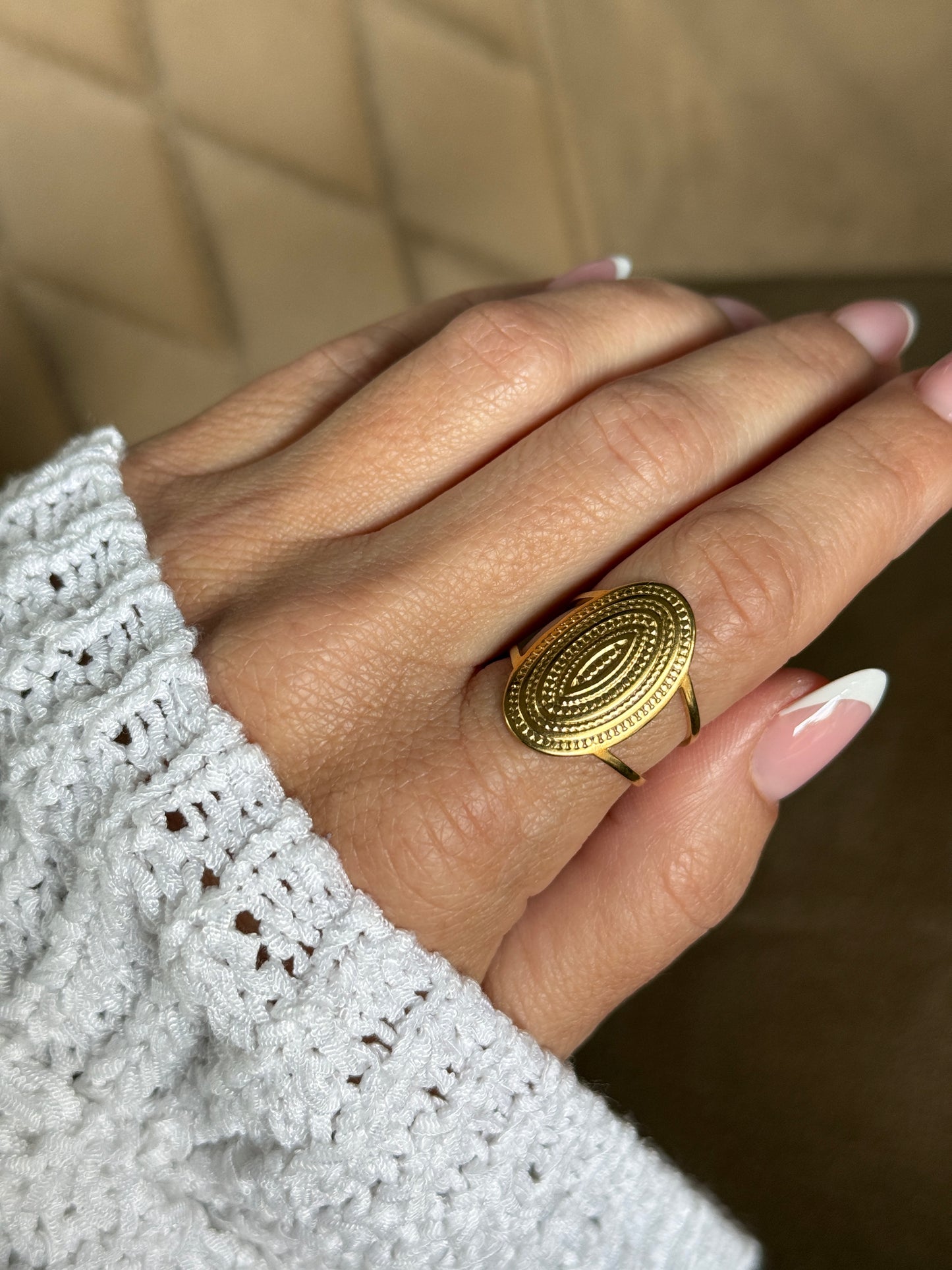 Adjustable Textured Statement Ring, 18K Gold-Plated Stainless Steel