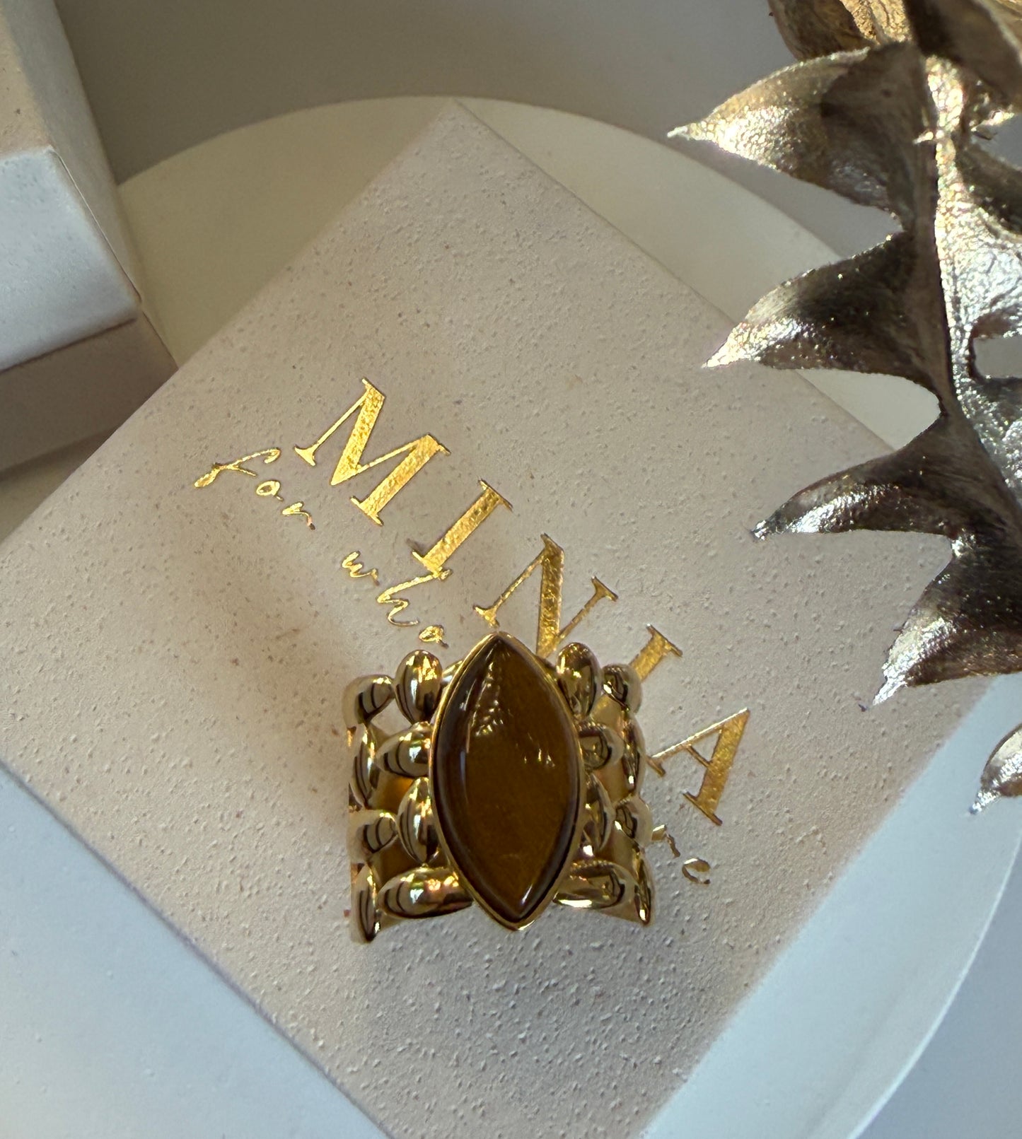 Adjustable Brown Tiger Eye Ring, 18K Gold Plated Stainless Steel