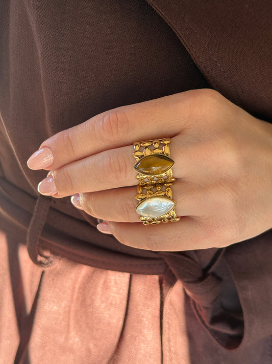 Adjustable Brown Tiger Eye Ring, 18K Gold Plated Stainless Steel