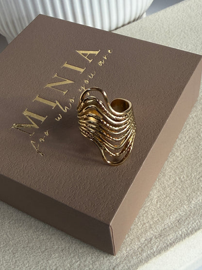 Adjustable Wave Ring , 18K Gold-Plated Stainless Steel