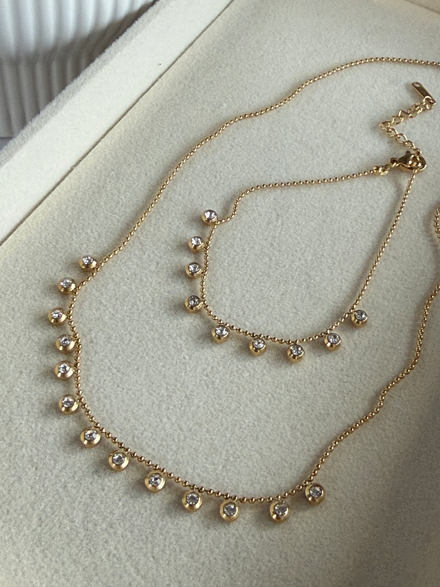 Zircon Charm Necklace & Bracelet Set, 18K Gold-Plated Stainless Steel