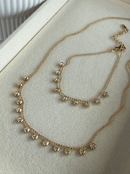 Zircon Charm Necklace & Bracelet Set, 18K Gold-Plated Stainless Steel