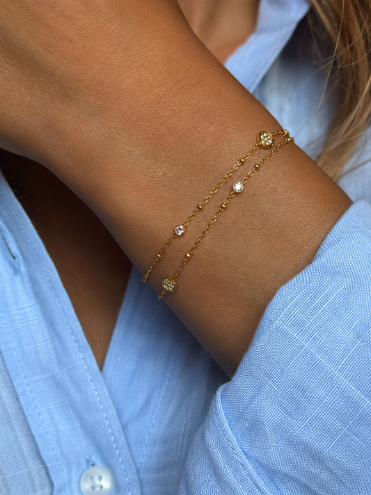 Double Chain Zircon Bracelet, 18K Gold Plated Stainless Steel