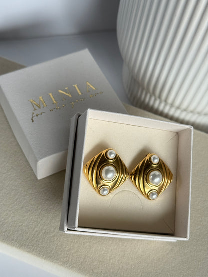 Pearl Statement Stud Earrings , 18K Gold Plated Stainless Steel