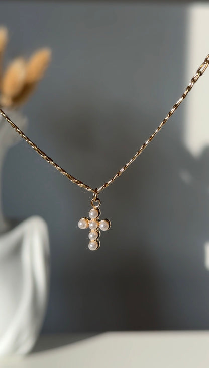 FRANZI – Pearl Cross Necklace, Gold Plated
