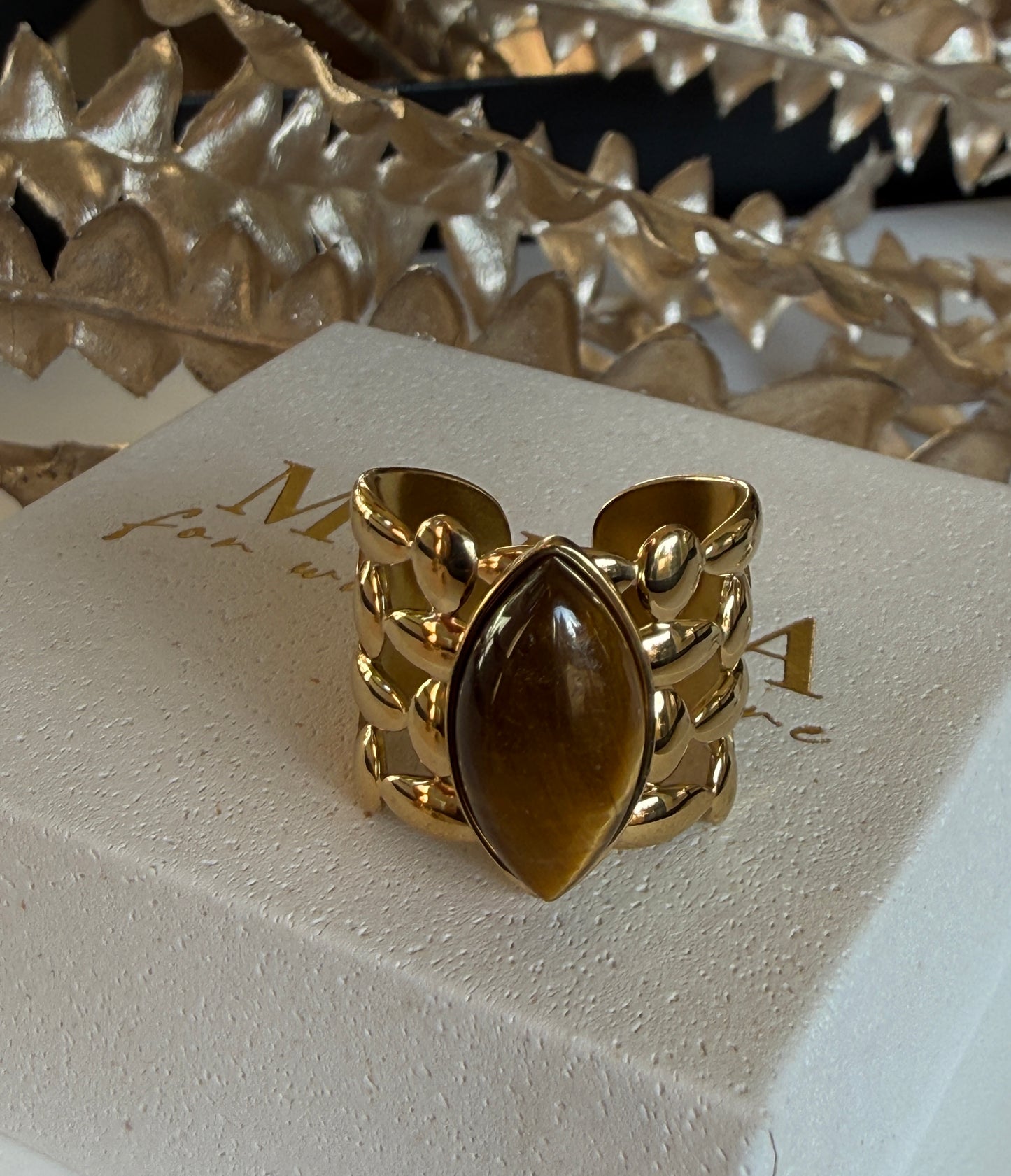 Adjustable Brown Tiger Eye Ring, 18K Gold Plated Stainless Steel