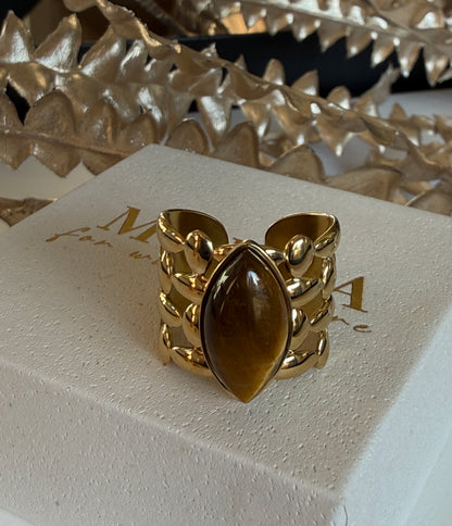 Adjustable Brown Tiger Eye Ring, 18K Gold Plated Stainless Steel