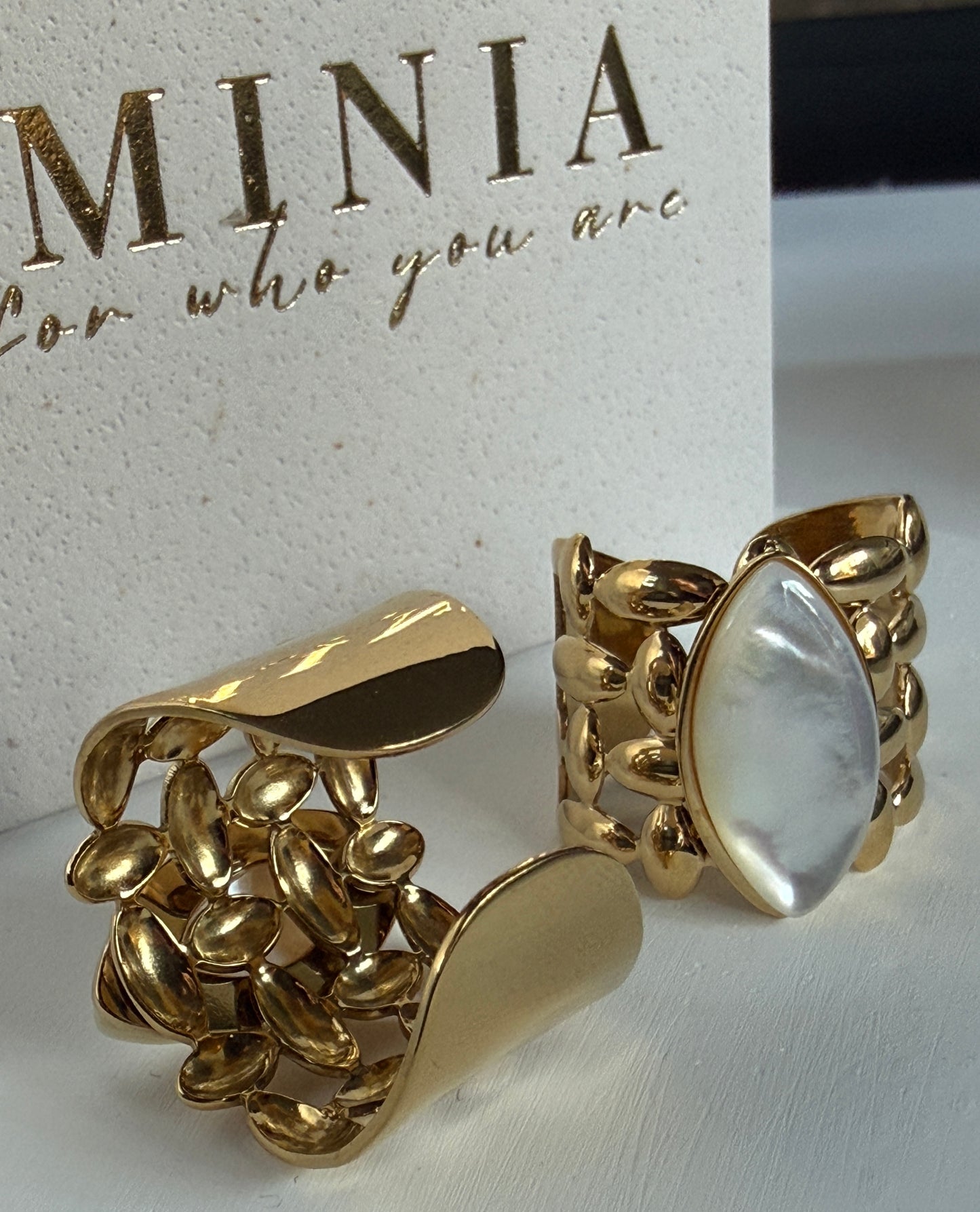 Adjustable White Shell Ring , 18K Gold Plated Stainless Steel