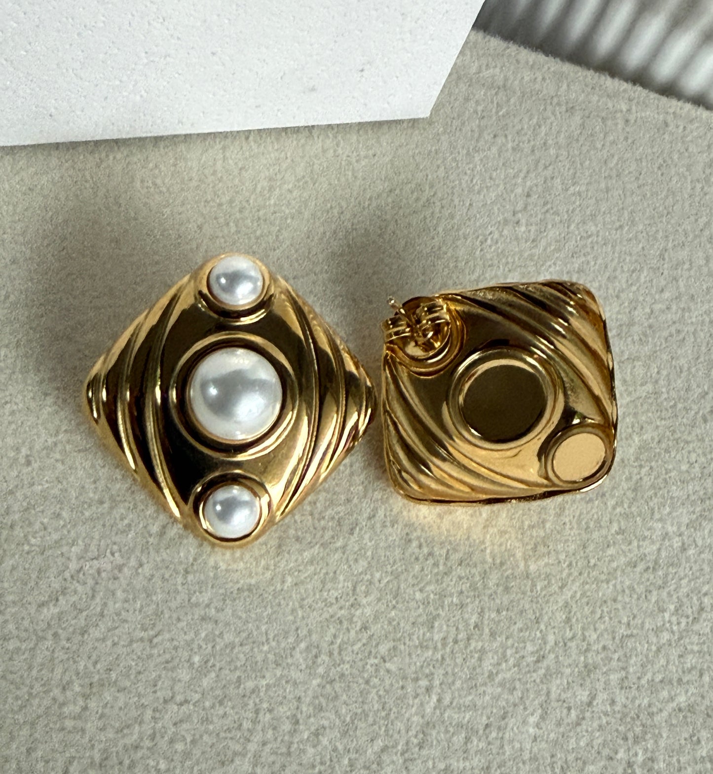 Pearl Statement Stud Earrings , 18K Gold Plated Stainless Steel