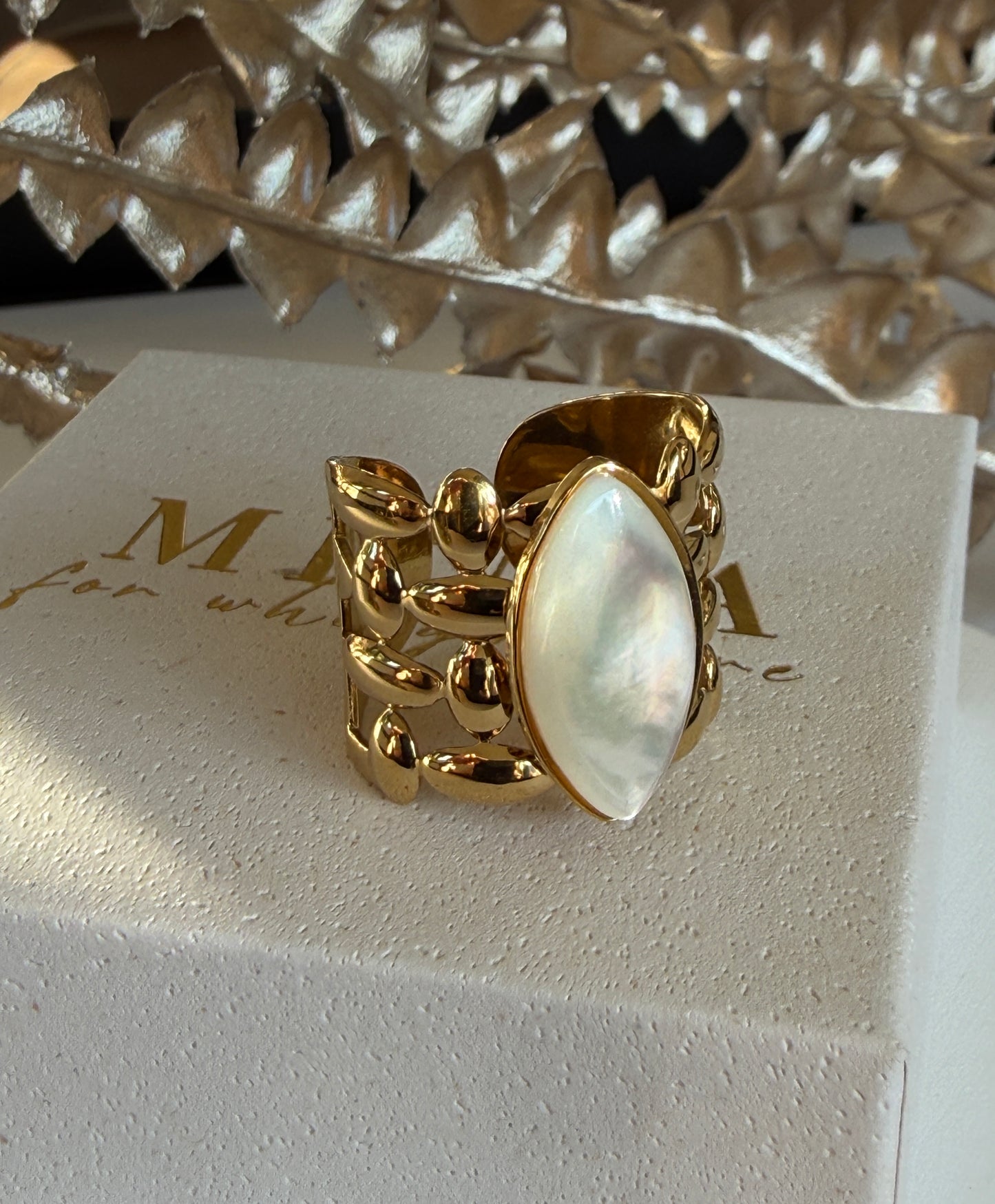 Adjustable White Shell Ring , 18K Gold Plated Stainless Steel