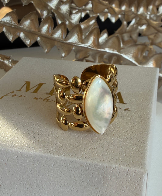 Adjustable White Shell Ring , 18K Gold Plated Stainless Steel