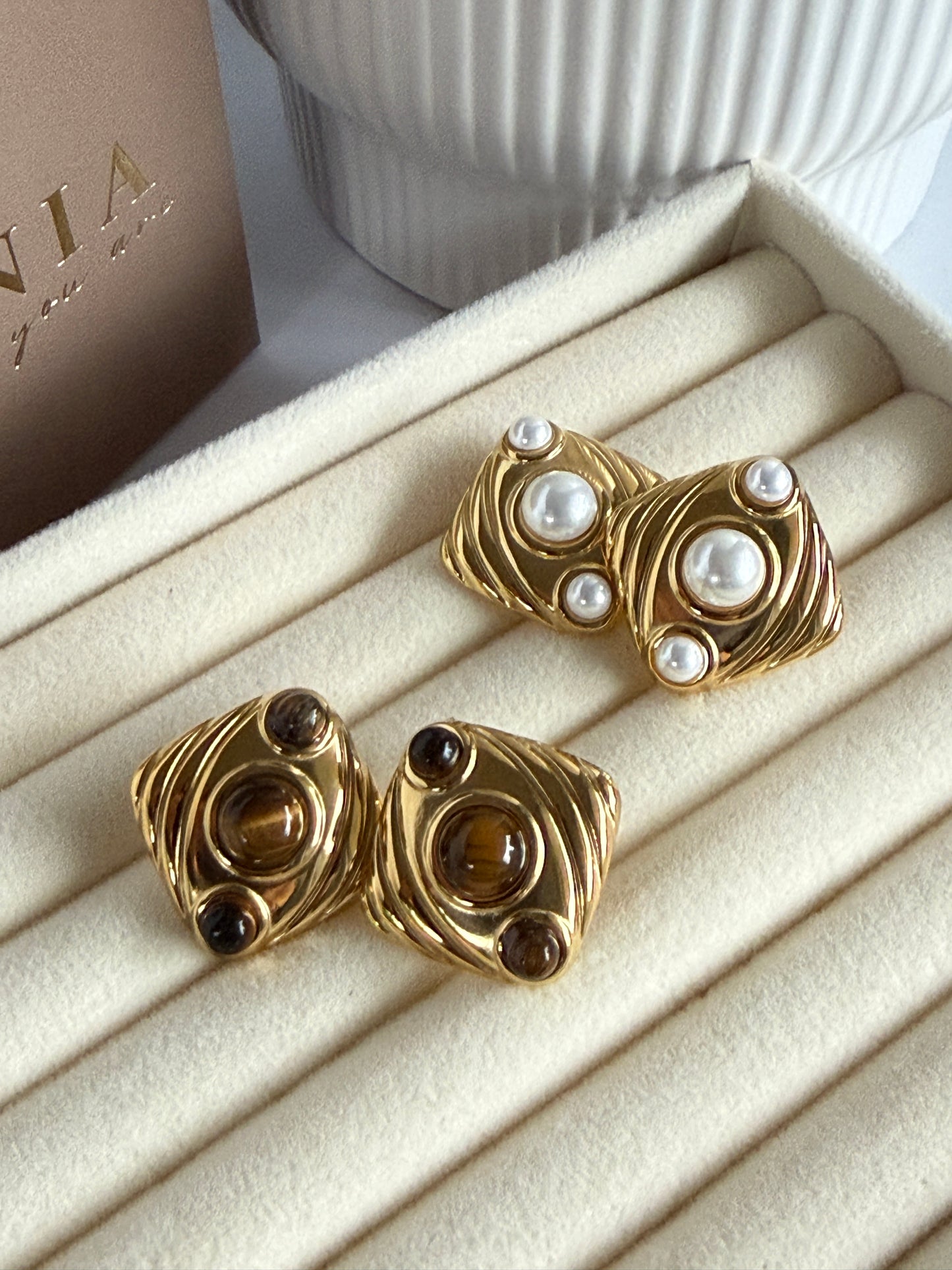 Pearl Statement Stud Earrings , 18K Gold Plated Stainless Steel