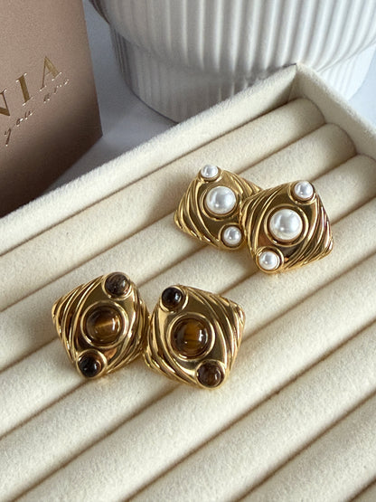 Pearl Statement Stud Earrings , 18K Gold Plated Stainless Steel