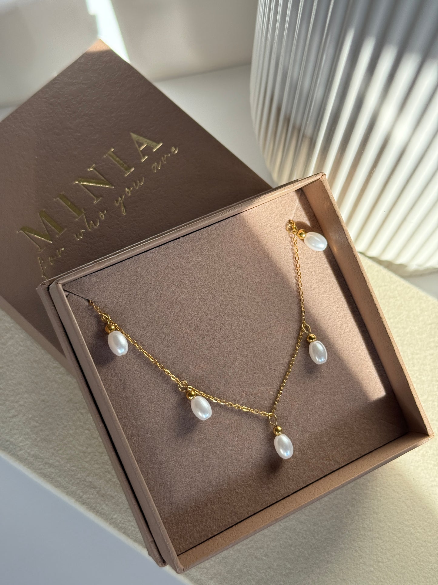 Pearl Drop Necklace , 14K Gold Plated Stainless Steel