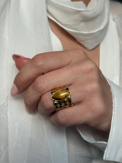 Adjustable Brown Tiger Eye Ring, 18K Gold Plated Stainless Steel
