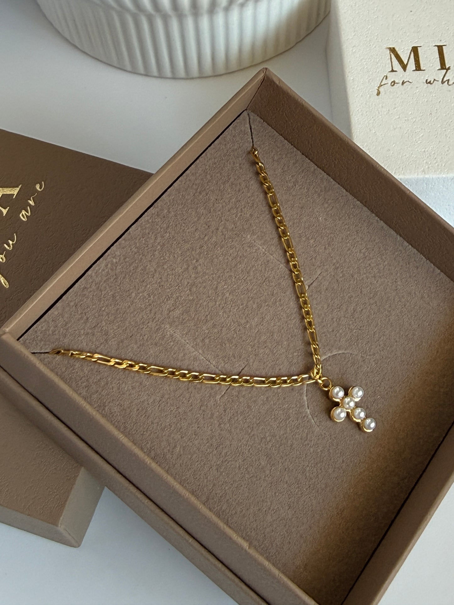 FRANZI – Pearl Cross Necklace, Gold Plated