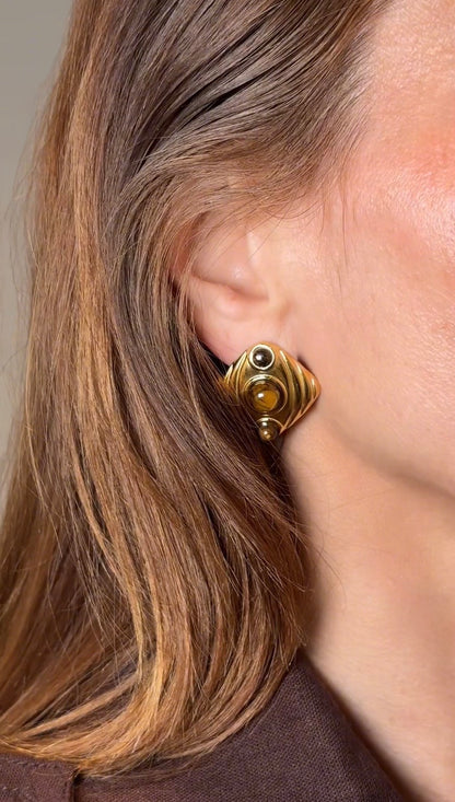 Pearl Statement Stud Earrings , 18K Gold Plated Stainless Steel