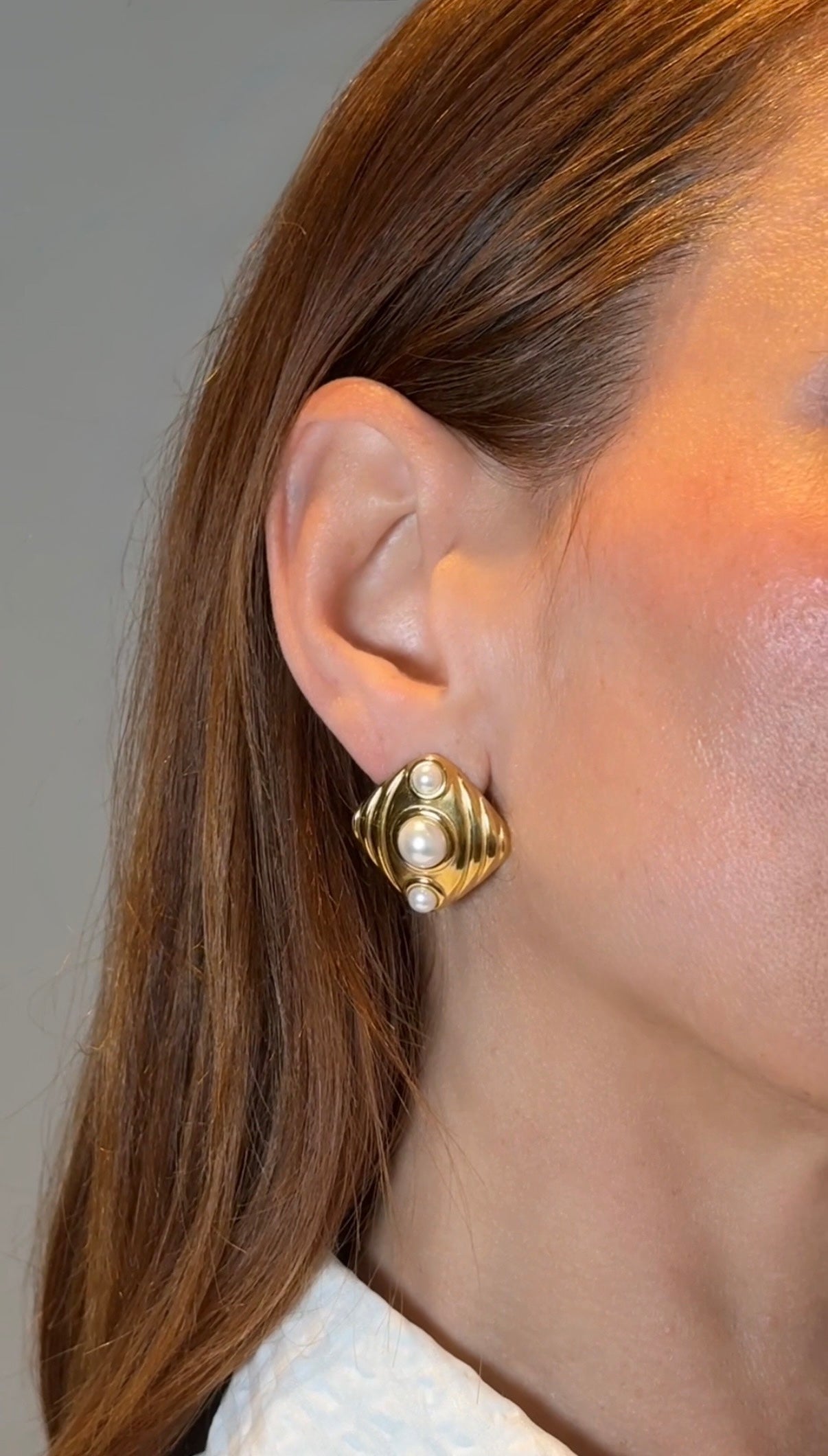 Pearl Statement Stud Earrings , 18K Gold Plated Stainless Steel