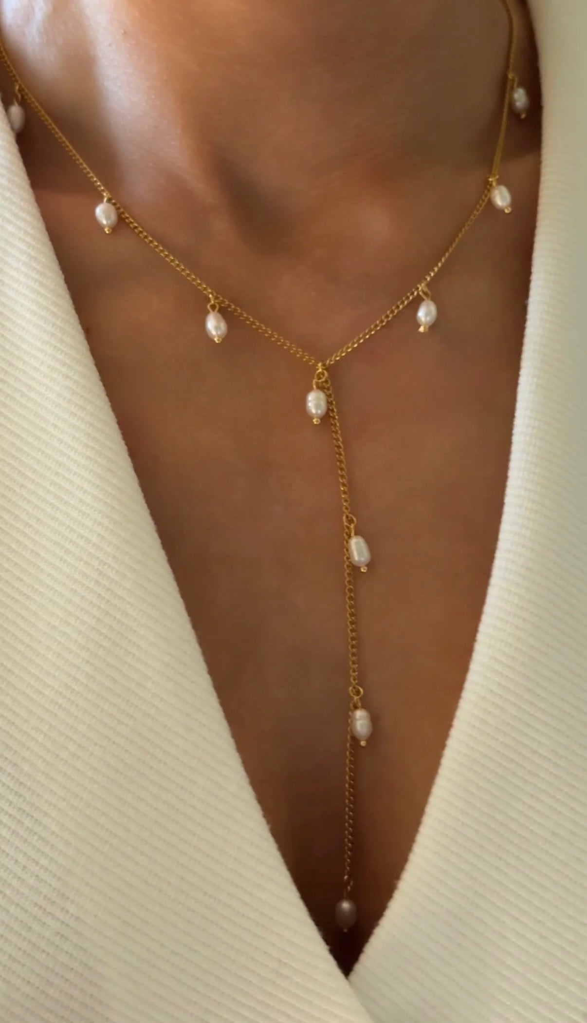 Pearl Drop Y Necklace, 18K Gold-Plated Stainless Steel