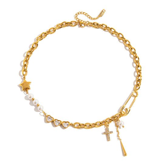 MAYA – Pearl & Heart Charm Necklace, Gold Plated