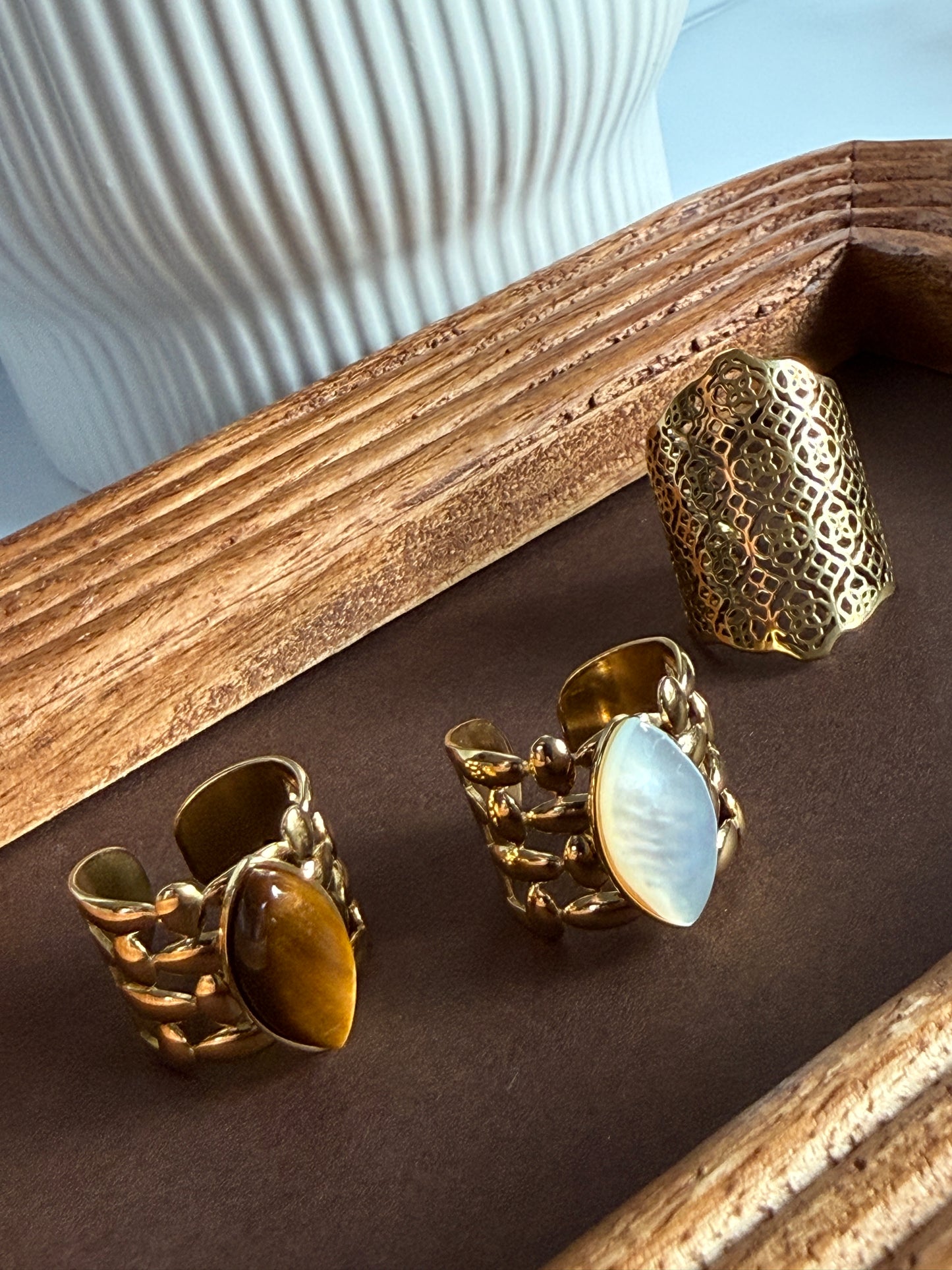 Adjustable Brown Tiger Eye Ring, 18K Gold Plated Stainless Steel
