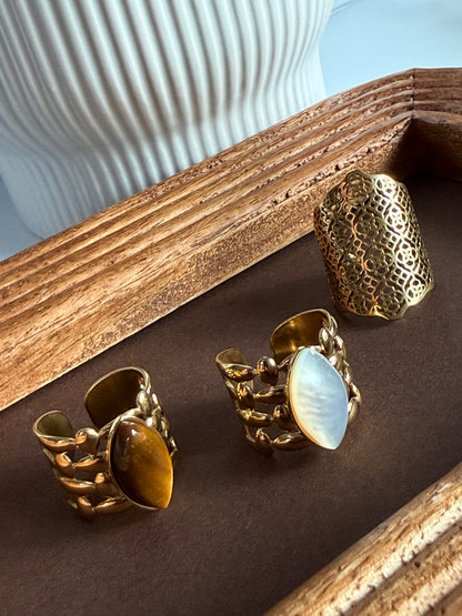 Adjustable Brown Tiger Eye Ring, 18K Gold Plated Stainless Steel